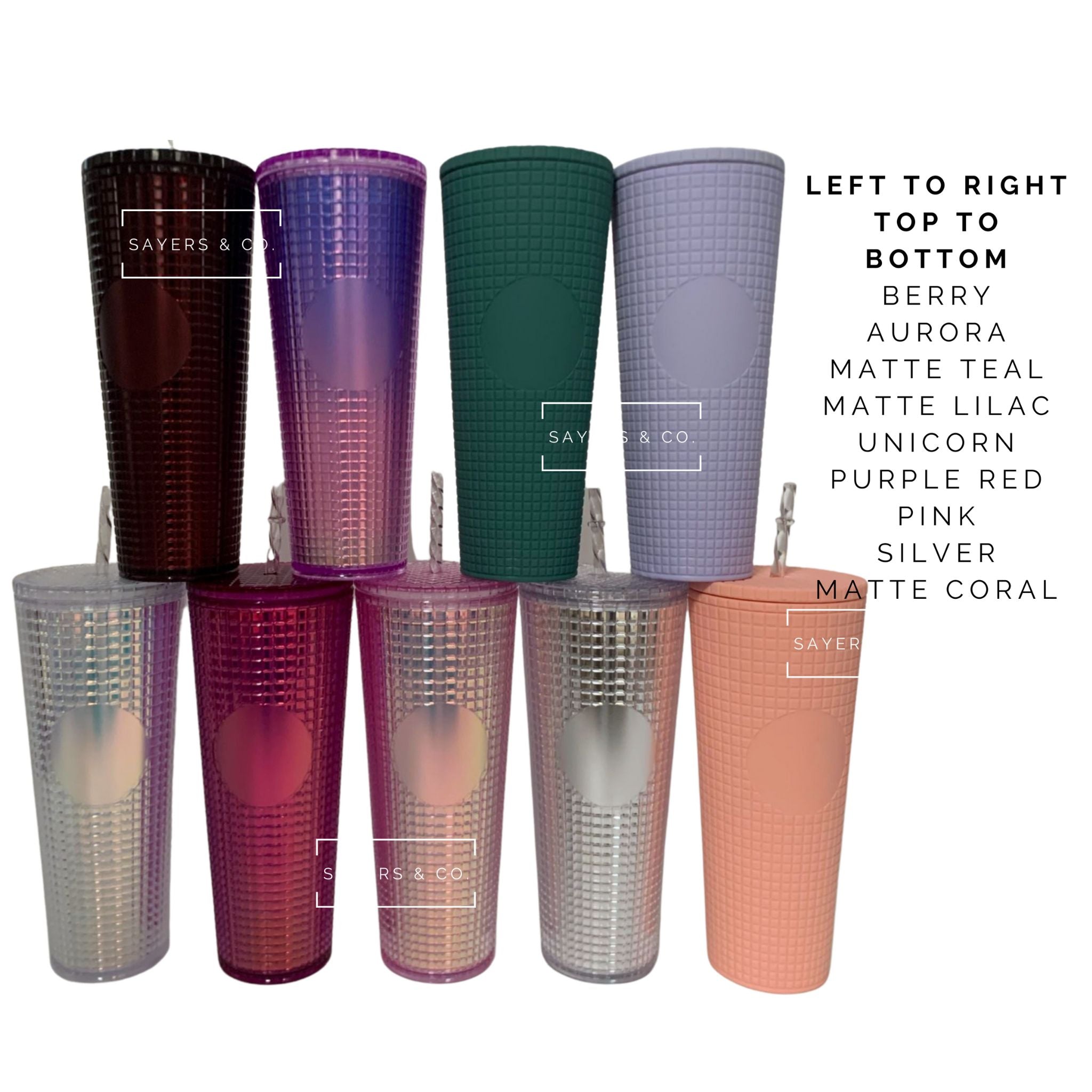 A 24oz double-walled tumbler featuring a matte and glossy grid design, available in various colors with a coordinating straw.