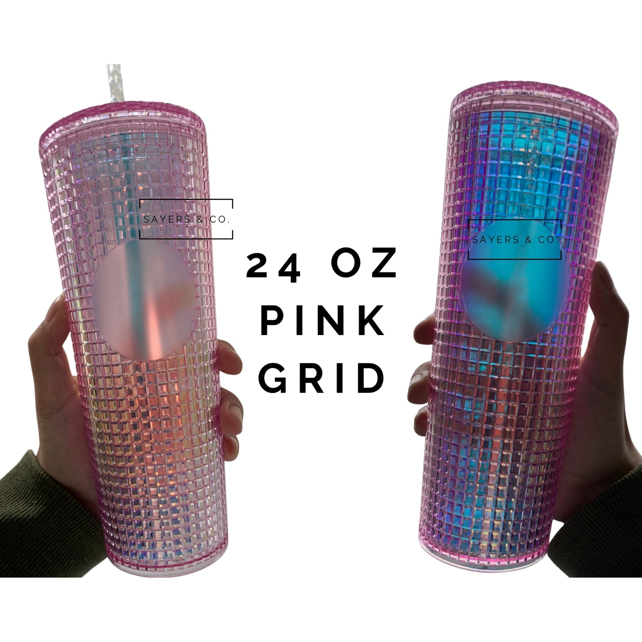 A 24oz double-walled tumbler featuring a matte and glossy grid design, available in various colors with a coordinating straw.