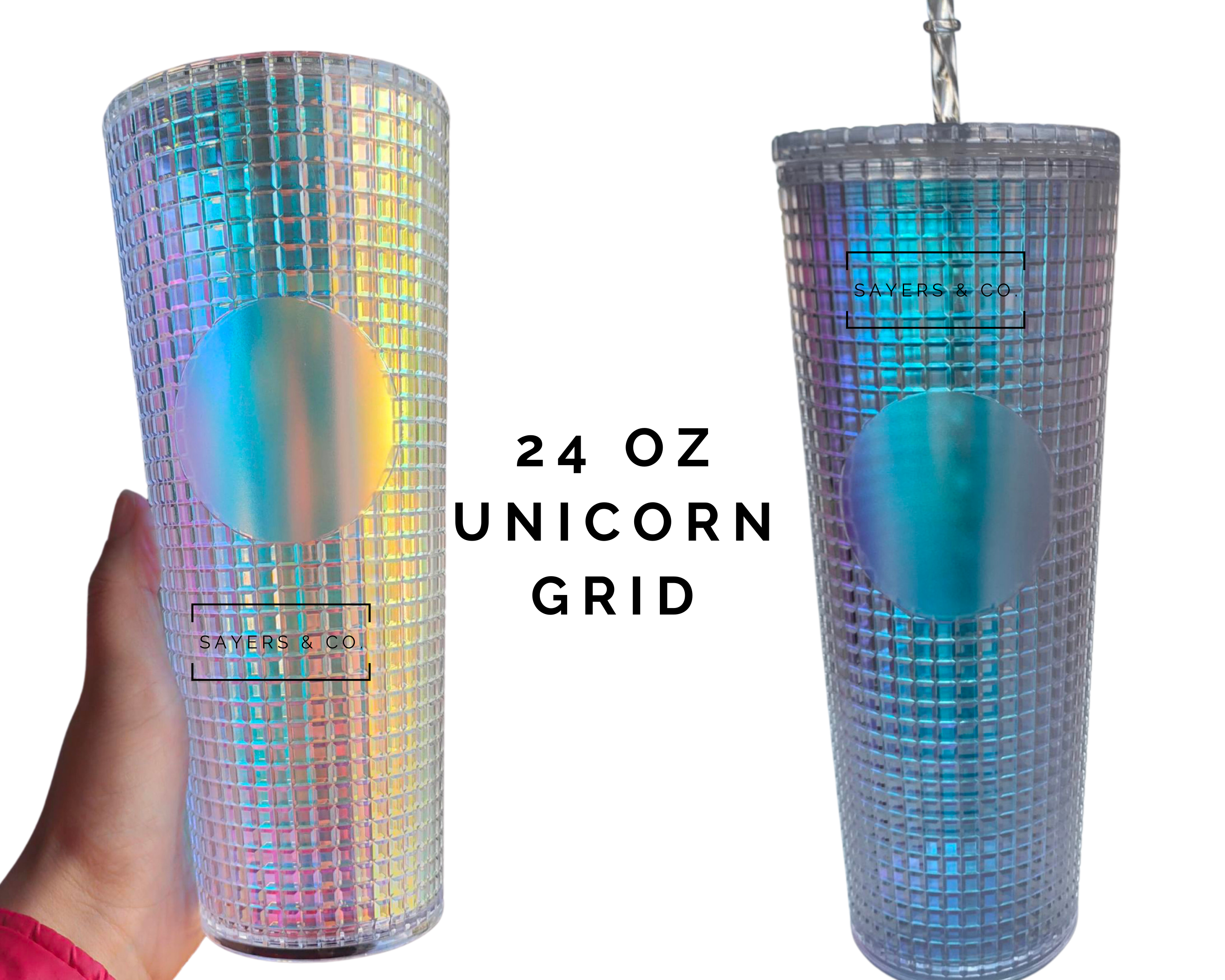 A 24oz double-walled tumbler featuring a matte and glossy grid design, available in various colors with a coordinating straw.