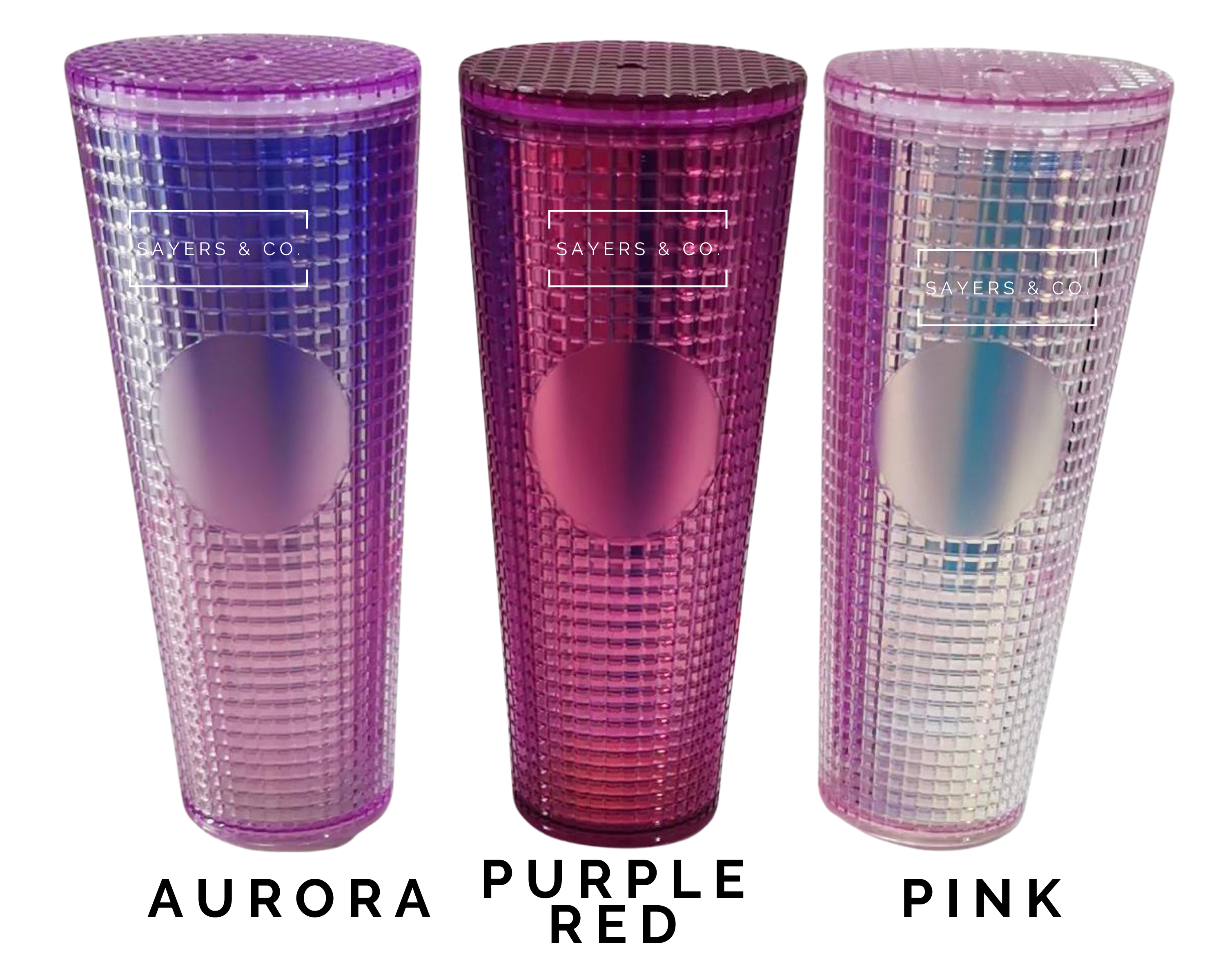 A 24oz double-walled tumbler featuring a matte and glossy grid design, available in various colors with a coordinating straw.