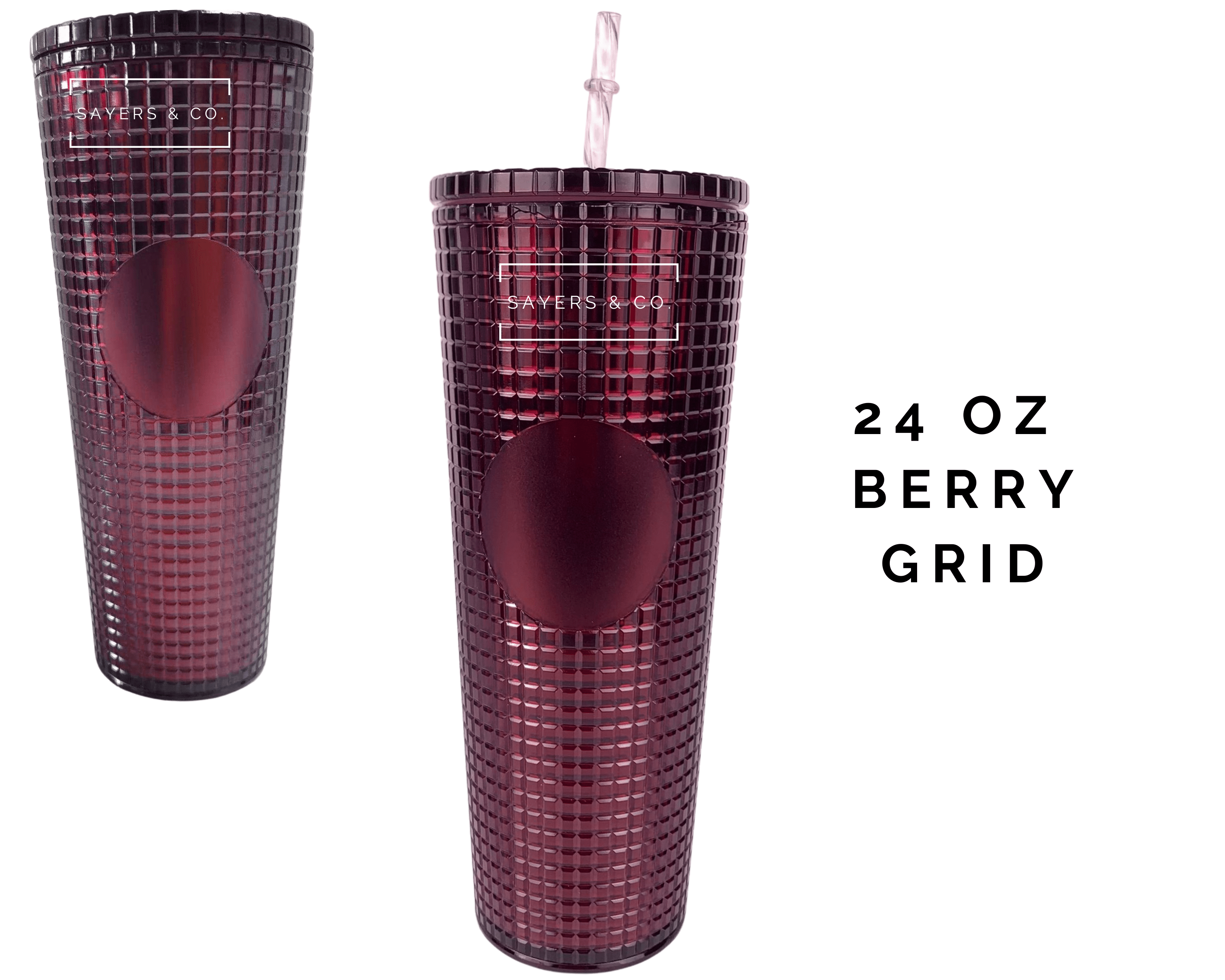 A 24oz double-walled tumbler featuring a matte and glossy grid design, available in various colors with a coordinating straw.