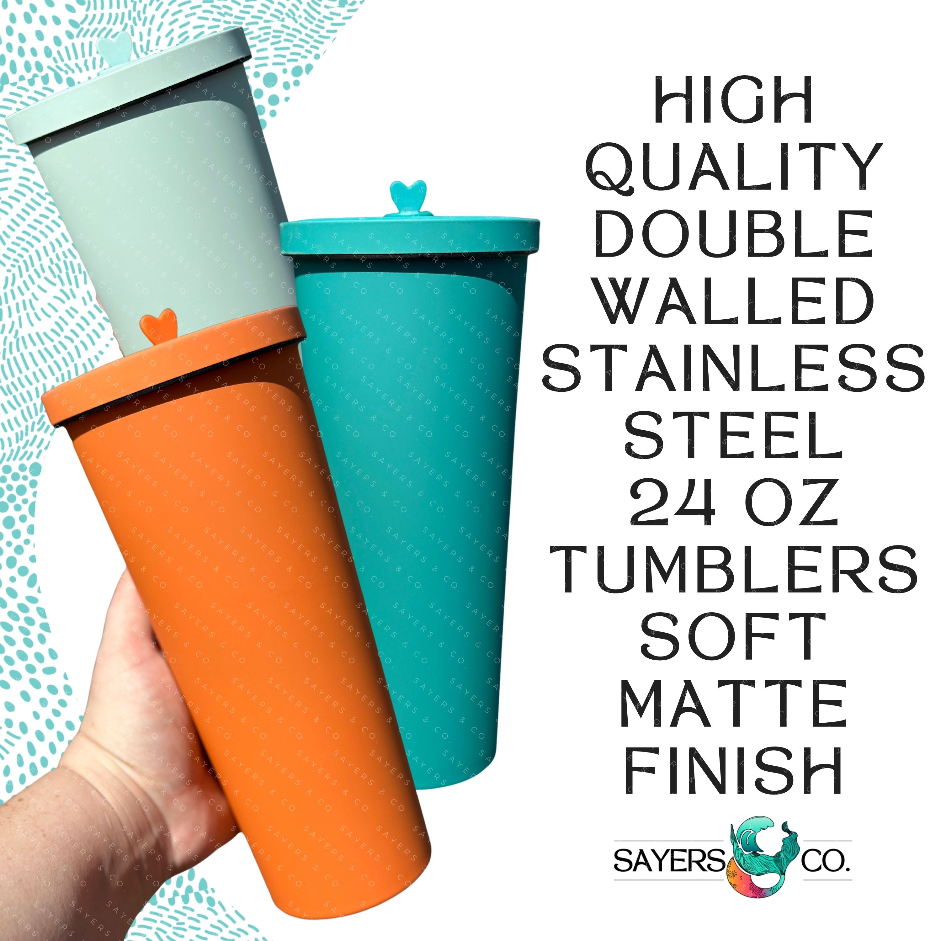 24oz stainless steel double walled tumbler with screw top, oversized metal straw, and silicone heart stopper in a matte finish.
