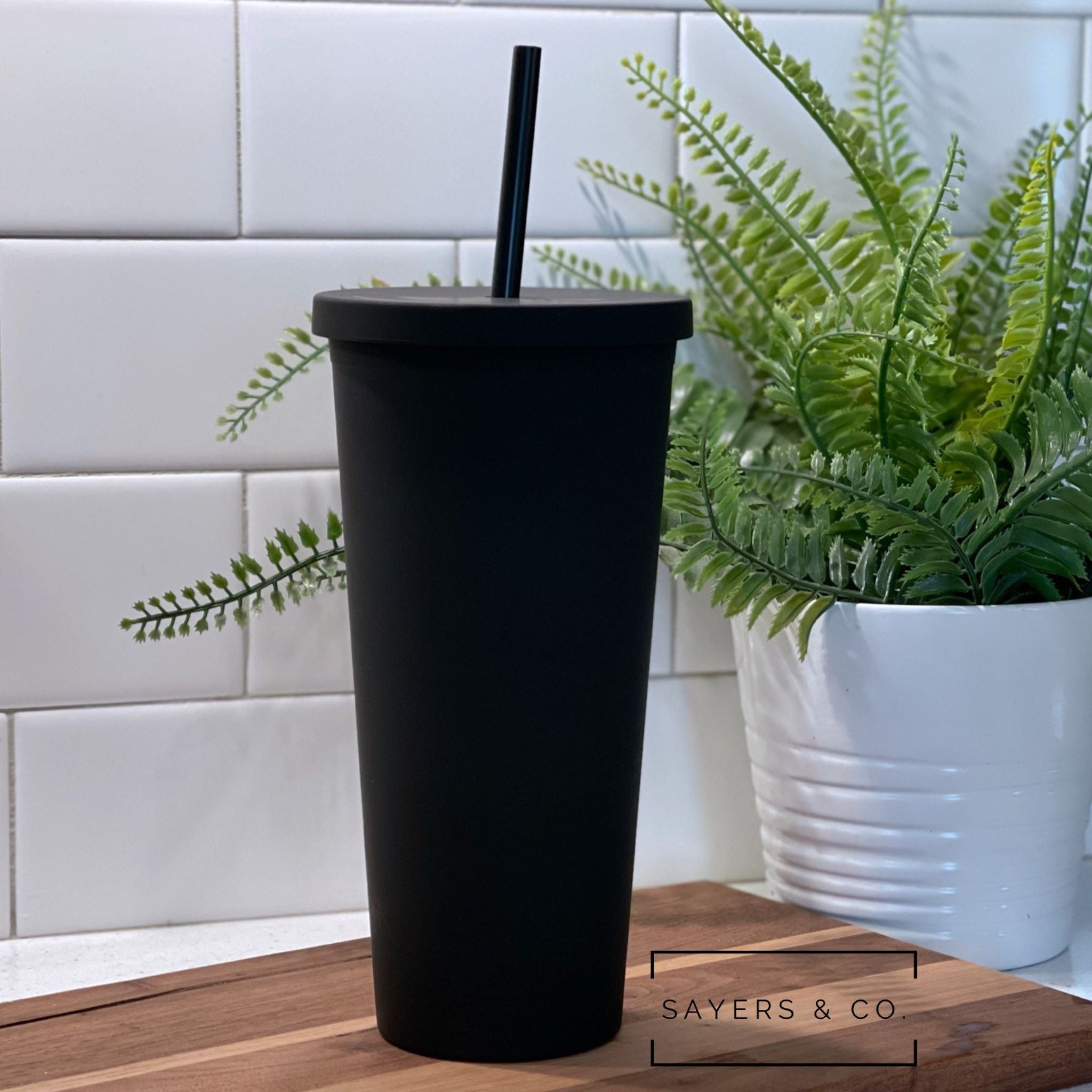 22oz matte black acrylic tumbler with screw top lid and matching straw, elegantly boxed.
