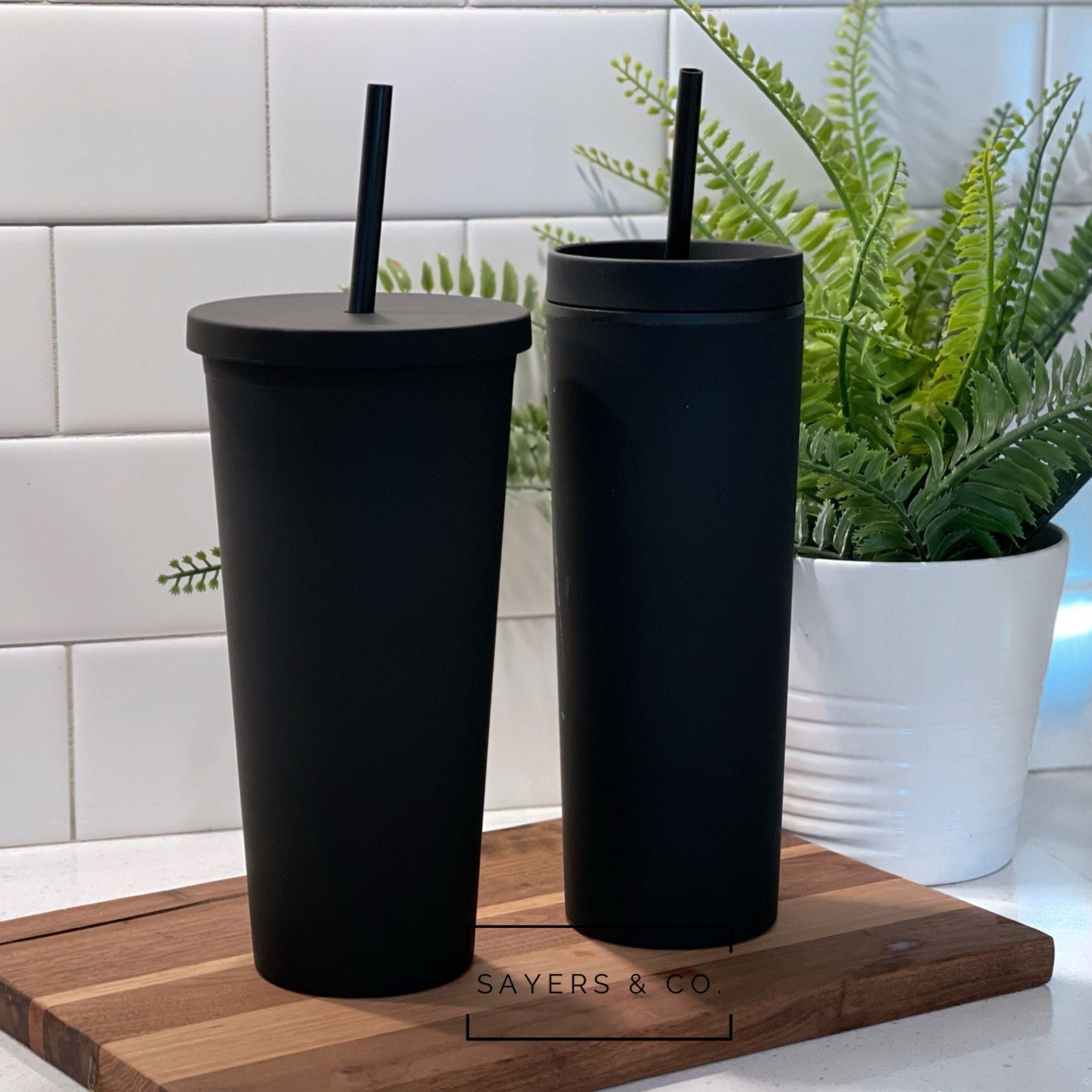 22oz matte black acrylic tumbler with screw top lid and matching straw, elegantly boxed.