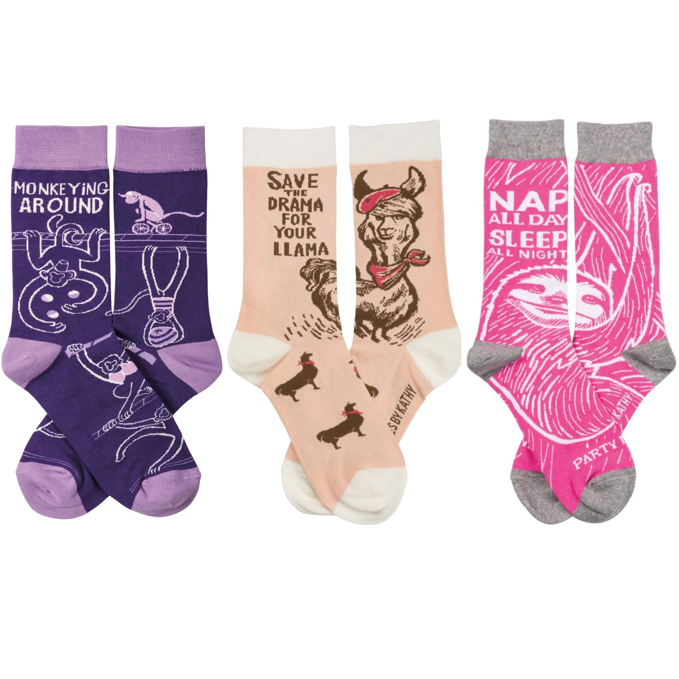 A colorful display of three pairs of animal-themed socks featuring a monkey, llama, and sloth designs, perfect for animal lovers.