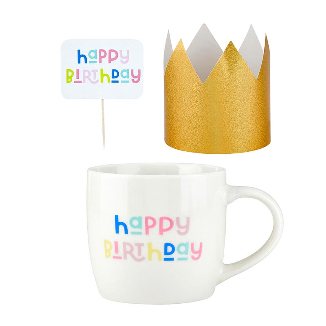 3 Piece Happy Birthday Mug Cake Gift Set featuring a ceramic mug, mini gold crown, and colorful cupcake topper.