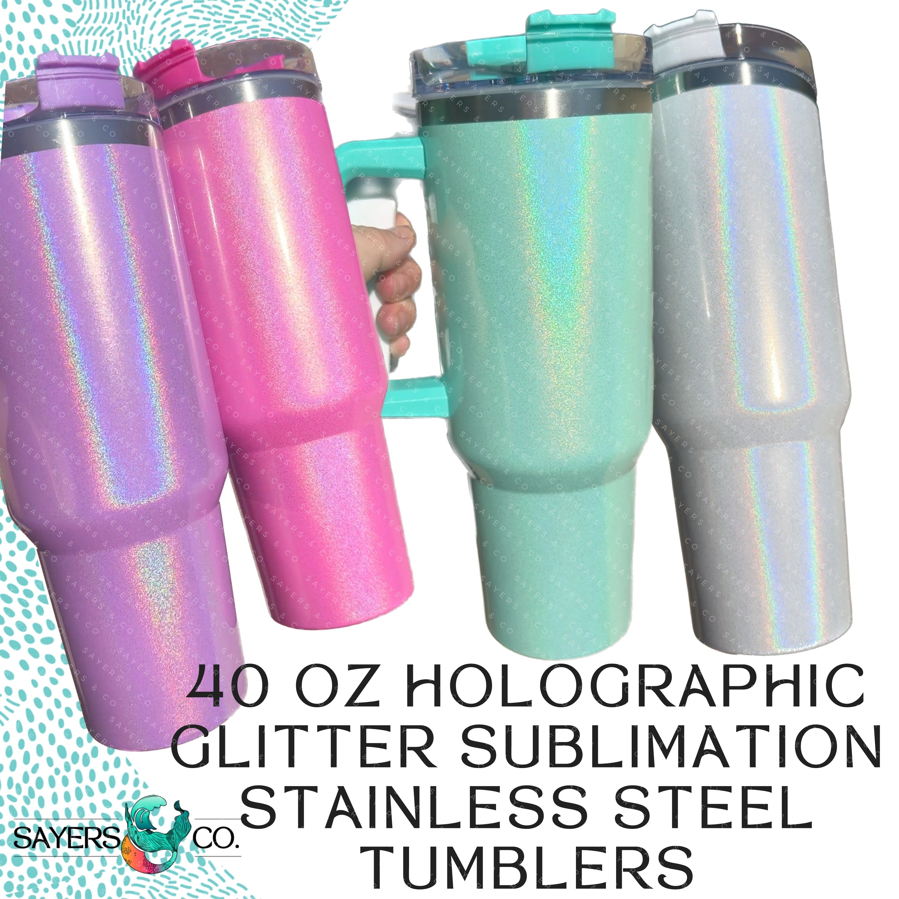 40 oz Holographic Glitter Sublimation Double Walled Tumbler with screw top and straw, showcasing a vibrant glitter finish.
