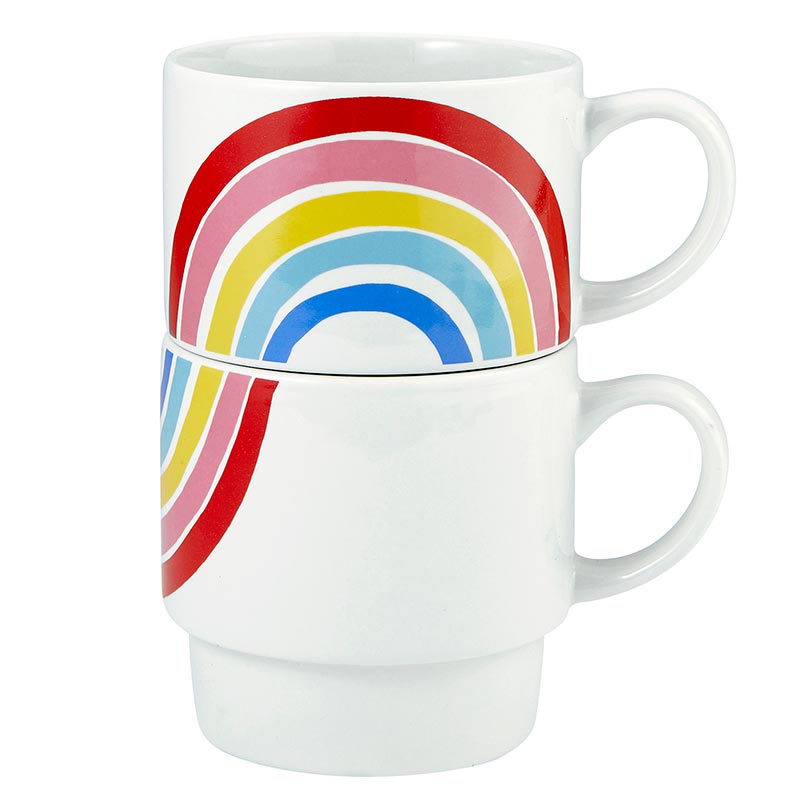 A colorful set of two stackable ceramic mugs featuring a vibrant 70s rainbow design, perfect for cozy beverages.