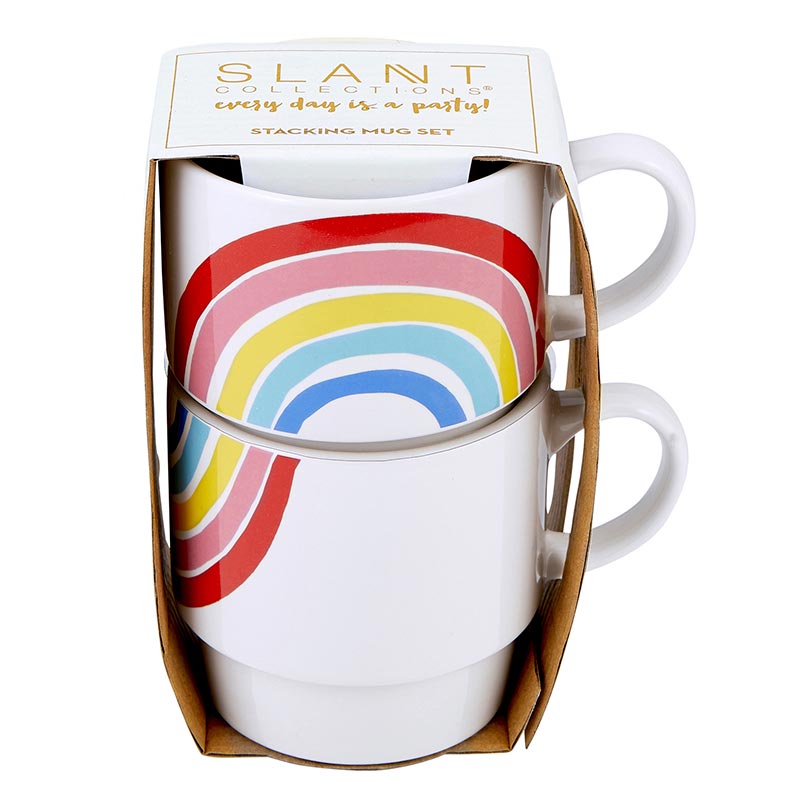 A colorful set of two stackable ceramic mugs featuring a vibrant 70s rainbow design, perfect for cozy beverages.