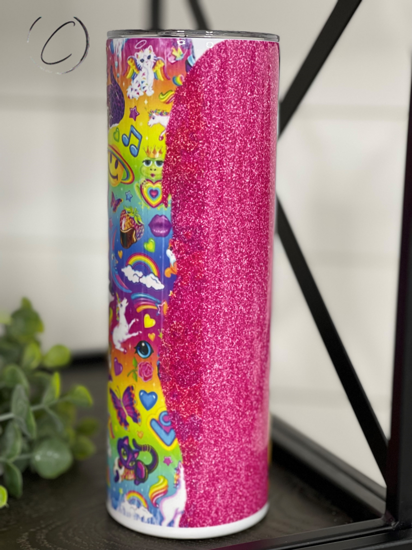 A colorful 20oz skinny tumbler featuring a vibrant 90's art brushstroke design, complete with a reusable straw.