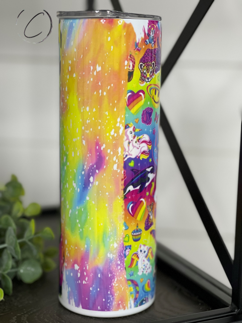 A colorful 20oz skinny tumbler featuring a vibrant 90's art brushstroke design, complete with a reusable straw.