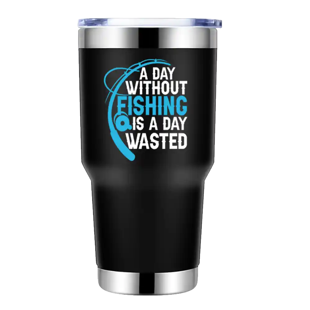A stainless steel 30oz tumbler with a vibrant fishing-themed design, featuring double-walled insulation and a splash-proof lid.