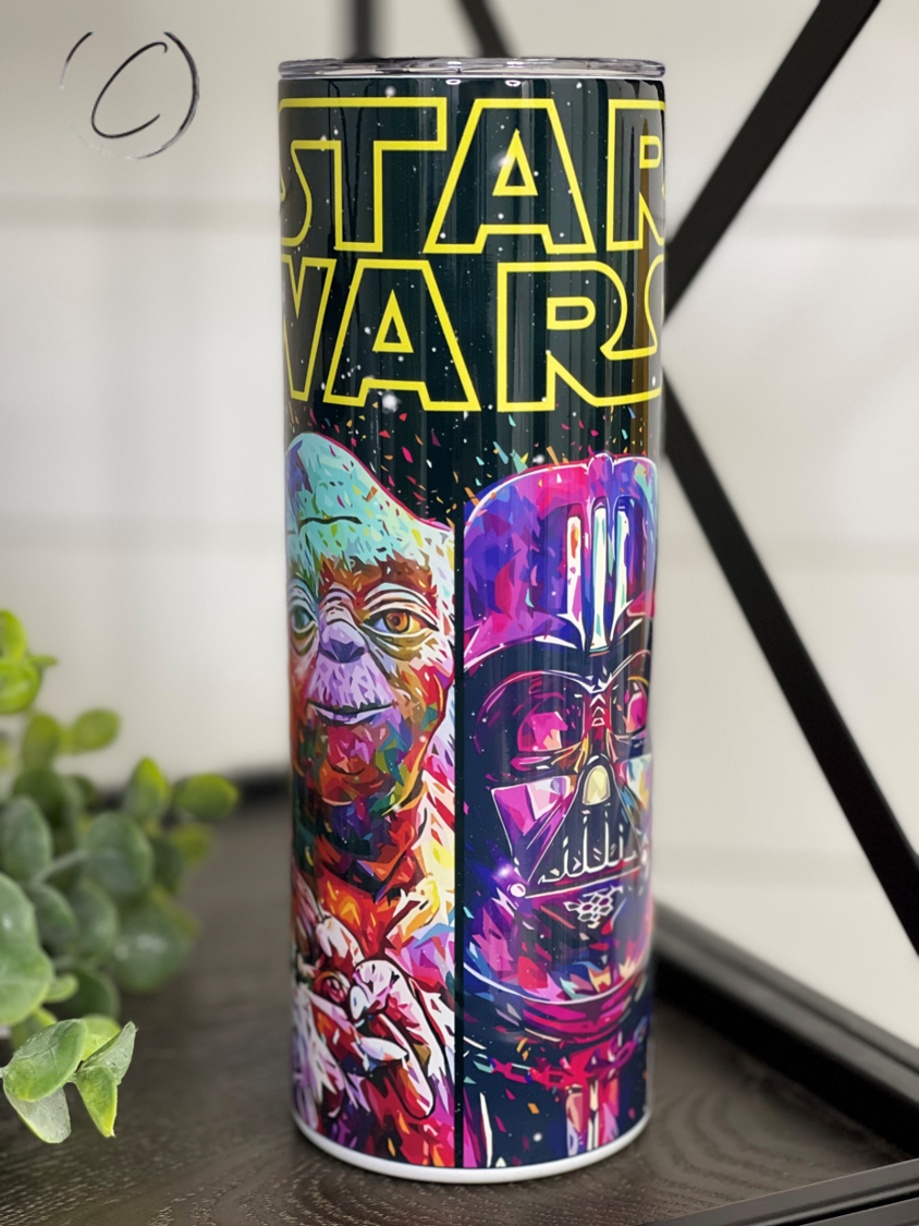 Abstract Star Wars 20oz Skinny Tumbler featuring vibrant colors and unique design, perfect for fans.