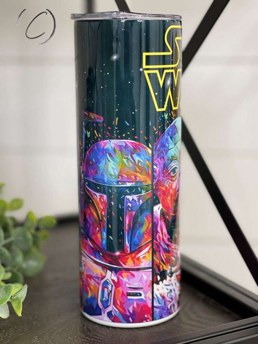 Abstract Star Wars 20oz Skinny Tumbler featuring vibrant colors and unique design, perfect for fans.