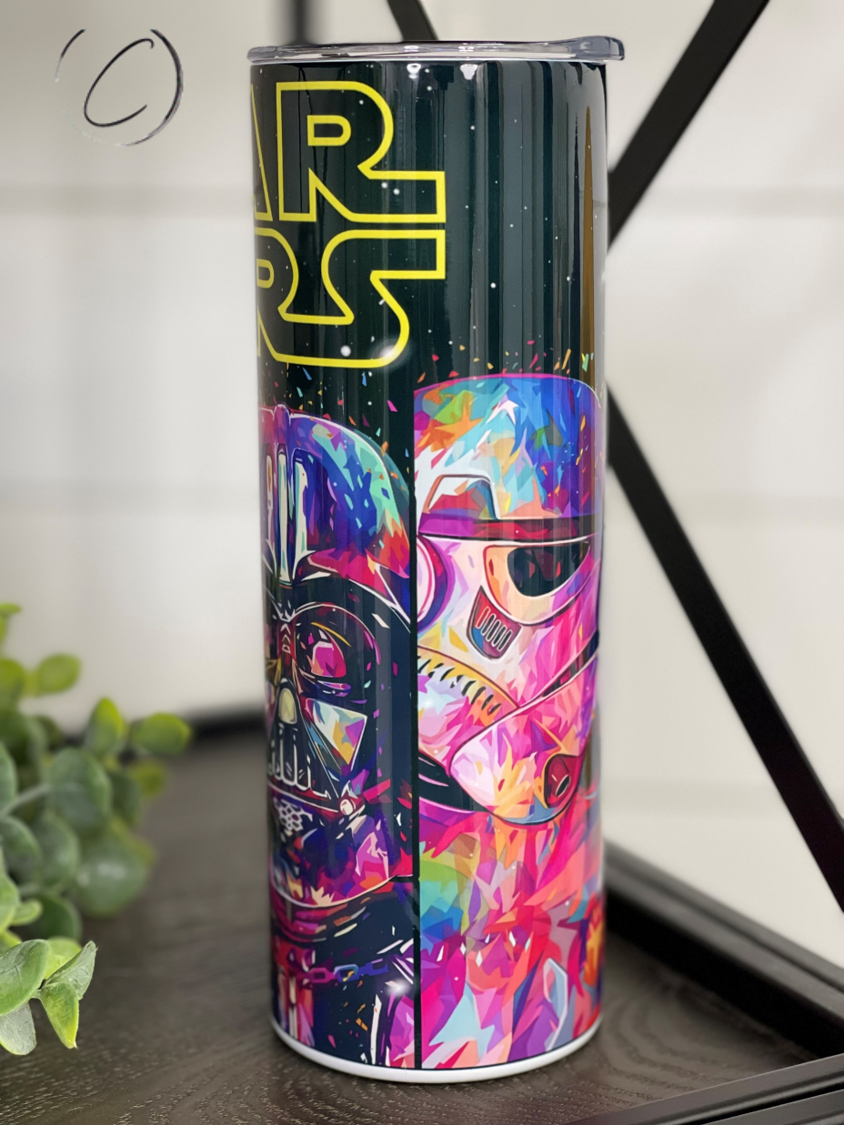 Abstract Star Wars 20oz Skinny Tumbler featuring vibrant colors and unique design, perfect for fans.