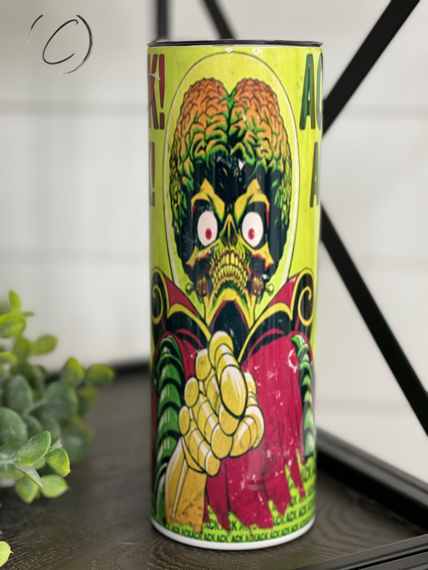 Ack Ack! 20oz Skinny Tumbler with a vibrant full wrap design, featuring a reusable straw and insulated body.