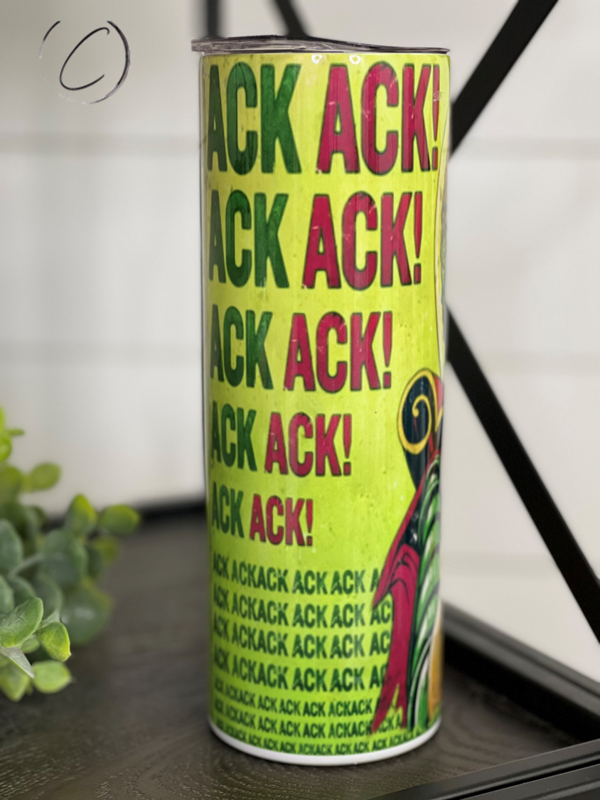 Ack Ack! 20oz Skinny Tumbler with a vibrant full wrap design, featuring a reusable straw and insulated body.