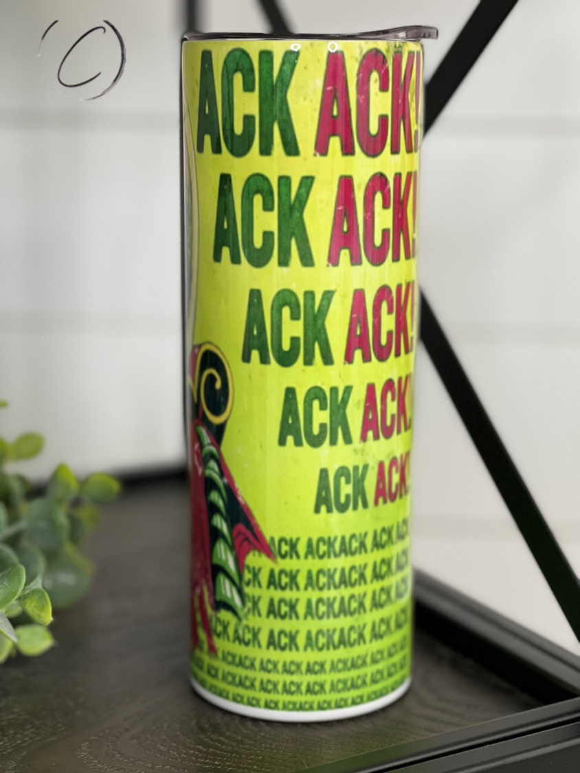 Ack Ack! 20oz Skinny Tumbler with a vibrant full wrap design, featuring a reusable straw and insulated body.