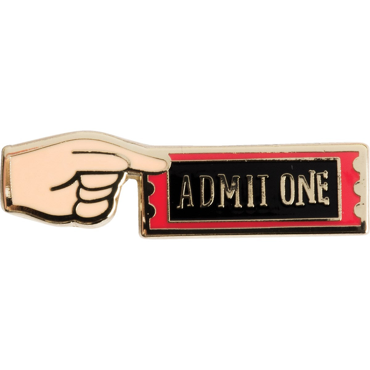 No Good Reason To Act My Age Enamel Pin featuring a hand and ticket design on a gift card.