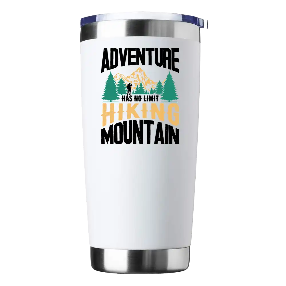 Adventure Has No Limit 20oz insulated tumbler with a mountain design, showcasing its stainless steel construction and splash-proof lid.