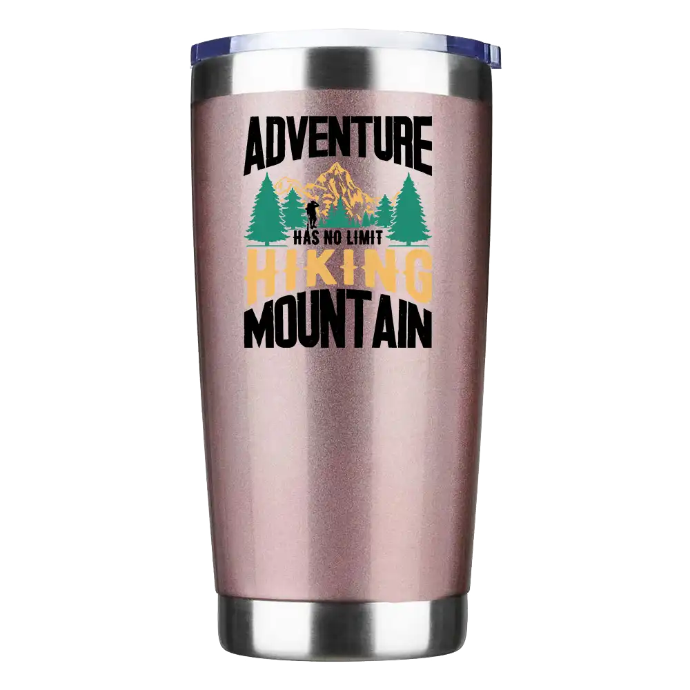 Adventure Has No Limit 20oz insulated tumbler with a mountain design, showcasing its stainless steel construction and splash-proof lid.