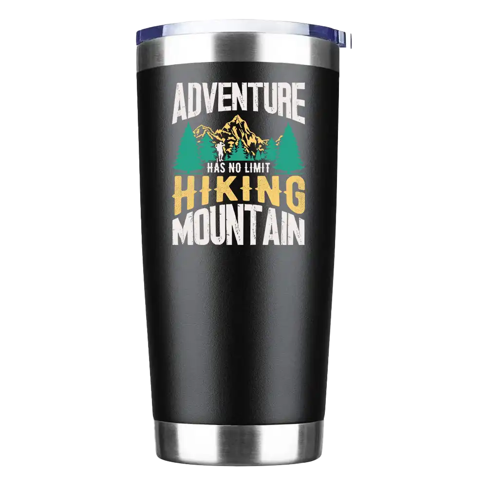 Adventure Has No Limit 20oz insulated tumbler with a mountain design, showcasing its stainless steel construction and splash-proof lid.
