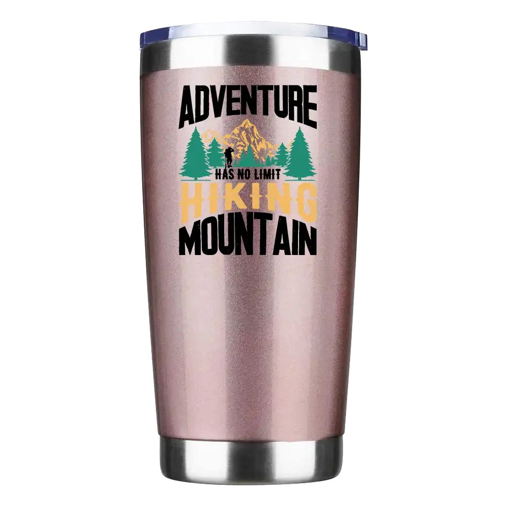 Adventure Has No Limit 20oz insulated tumbler with a mountain design, showcasing its stainless steel construction and splash-proof lid.