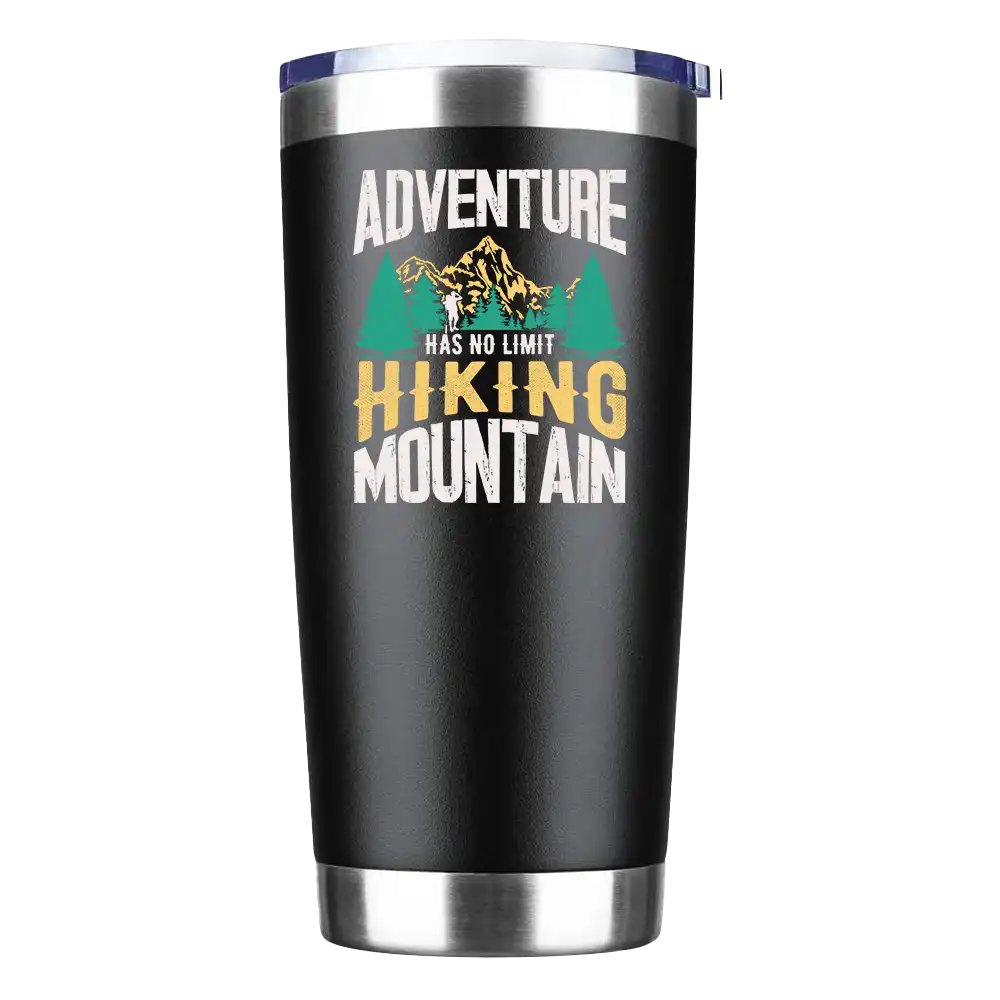Adventure Has No Limit 20oz insulated tumbler with a mountain design, showcasing its stainless steel construction and splash-proof lid.