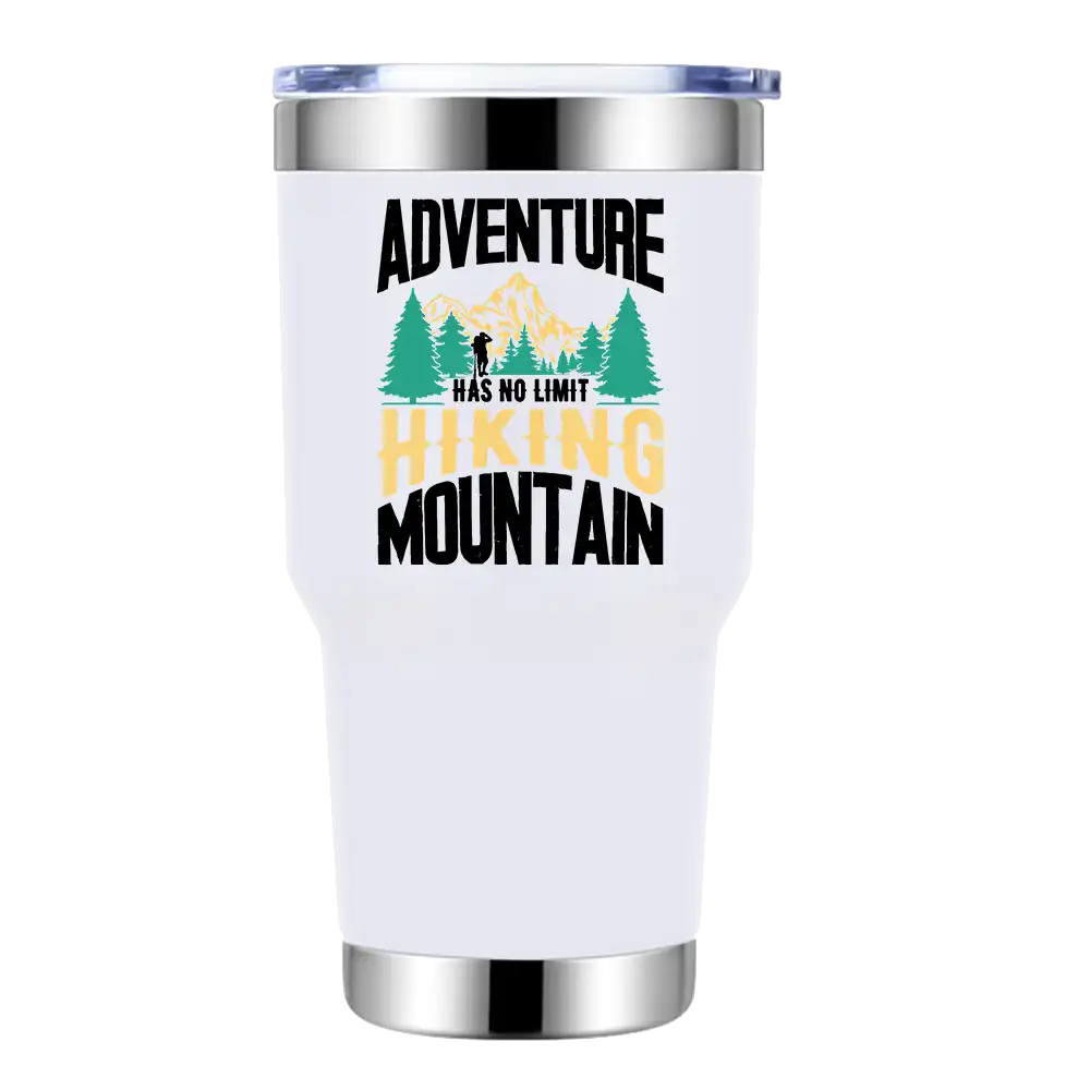 Adventure Has No Limit Hiking Mountain 30oz Insulated Tumbler in stainless steel with a splash-proof lid and UV-printed design.