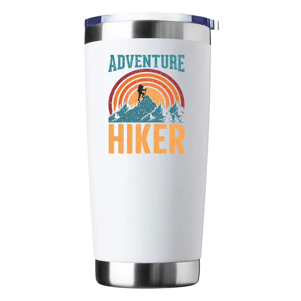 Adventure Hiker 20oz Insulated Vacuum Sealed Tumbler in stainless steel with a vibrant UV-printed design, showcasing its sleek and durable construction.