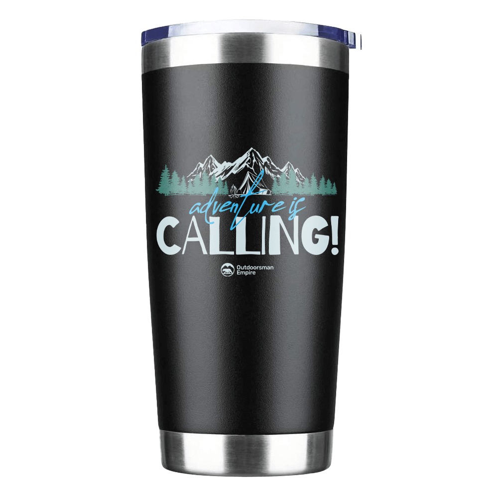 Adventure Is Calling 20oz Insulated Vacuum Sealed Tumbler with a stylish design and splash-proof lid, perfect for outdoor adventures.