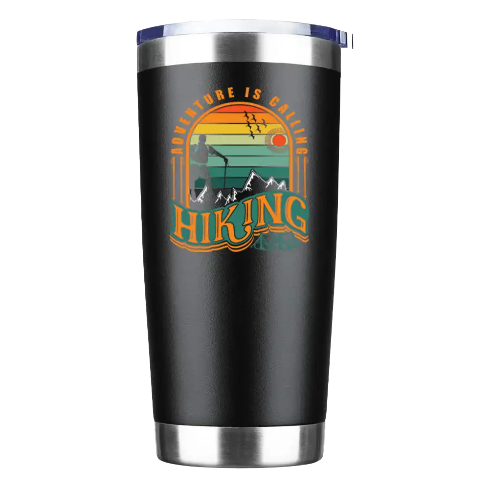 Adventure Is Calling Hiking 20oz Insulated Vacuum Sealed Tumbler with UV-printed design, stainless steel construction, and splash-proof lid.