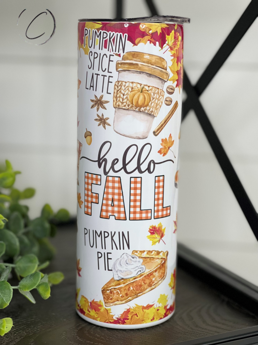 All Things Fall 20oz Skinny Tumbler featuring a vibrant autumn-themed design with a reusable straw.