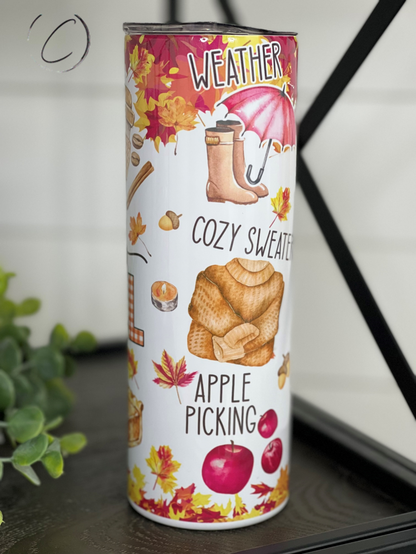 All Things Fall 20oz Skinny Tumbler featuring a vibrant autumn-themed design with a reusable straw.