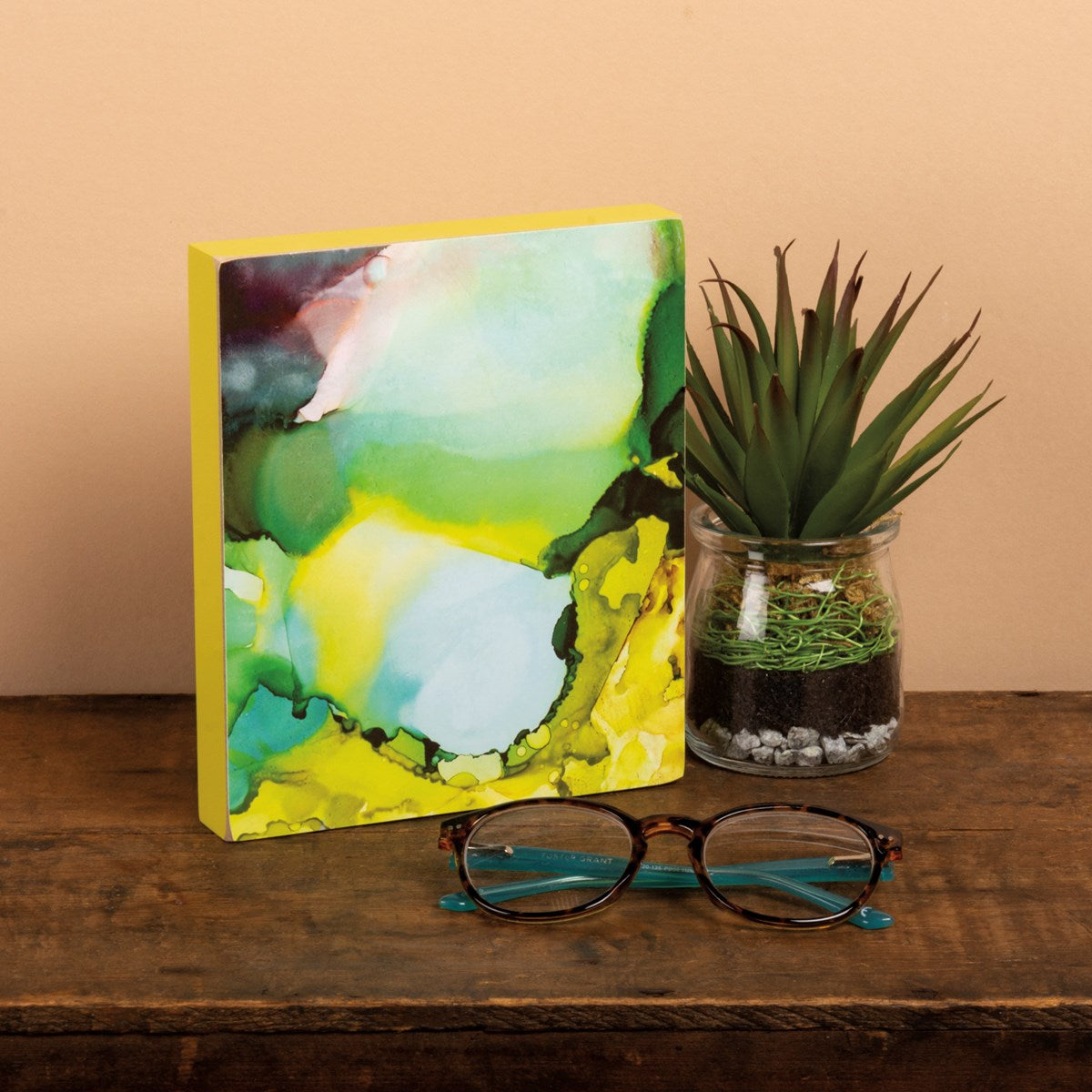 Alcohol Ink Swirls Wooden Block Sign featuring a snowman and reindeer with glitter accents, perfect for holiday decor.