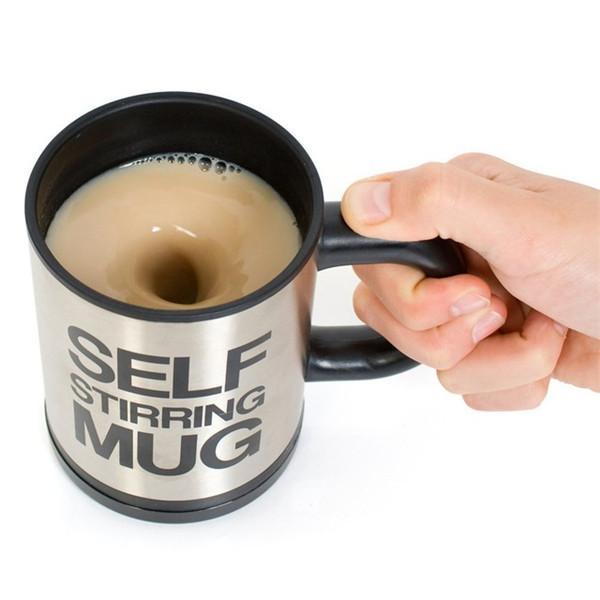Amazing one button press stirring coffee mug in black, featuring a modern design with a lid and automatic stirring function.