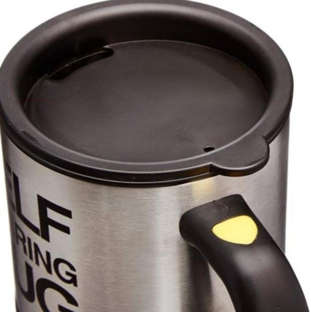 Amazing one button press stirring coffee mug in black, featuring a modern design with a lid and automatic stirring function.
