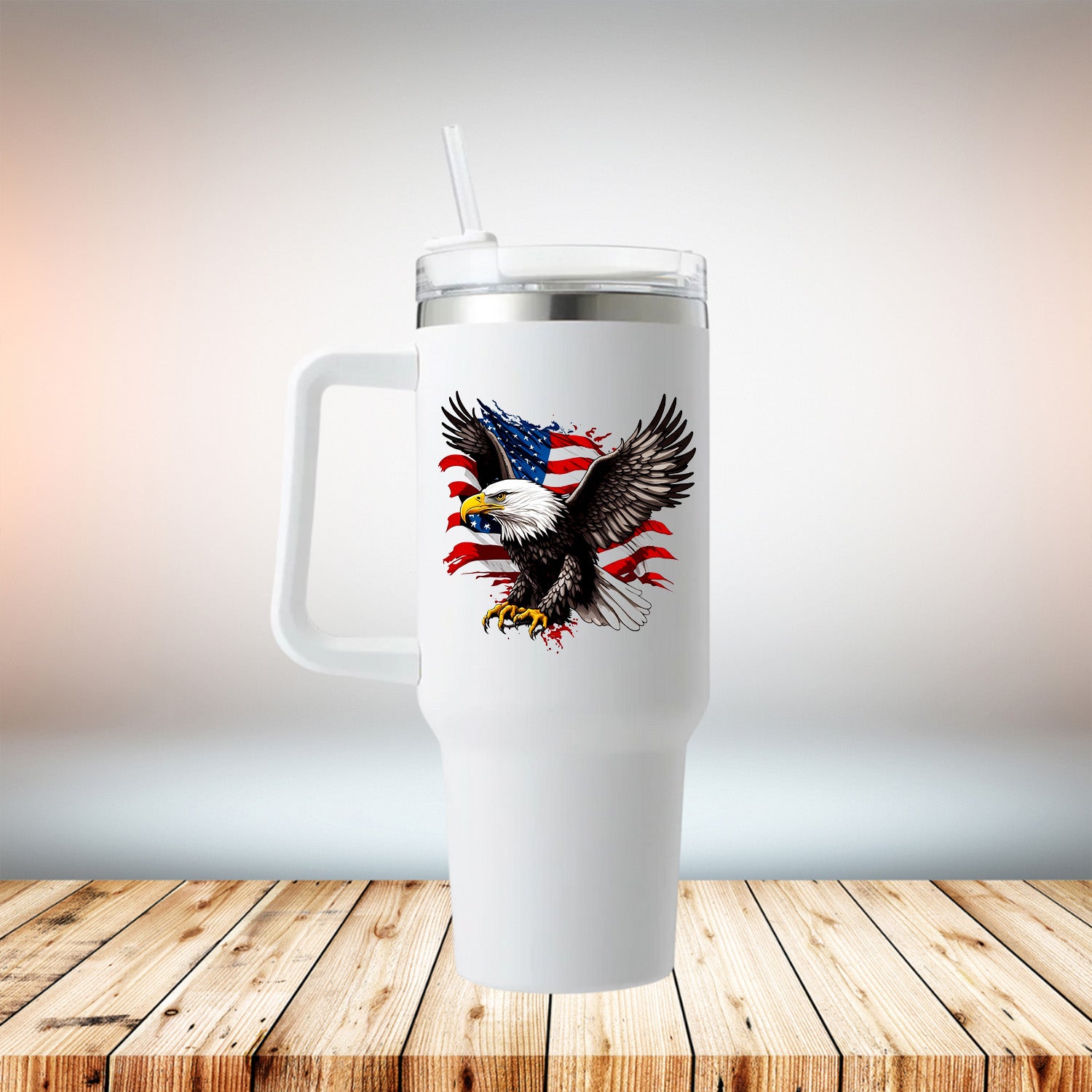 American Eagle 40oz Travel Mug in white with removable handle and straw-friendly lid.
