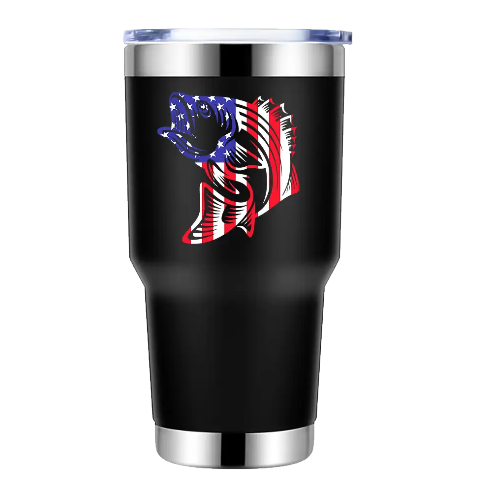 American Flag Fish 30oz insulated tumbler with a vibrant UV-printed design, showcasing its stainless steel construction and splash-proof lid.