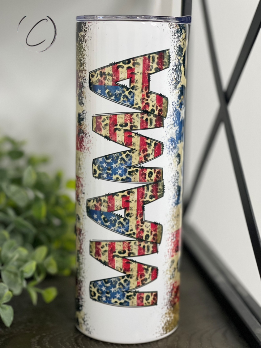 American Mama 20oz Skinny Tumbler with a vibrant full wrap design, featuring a reusable straw.
