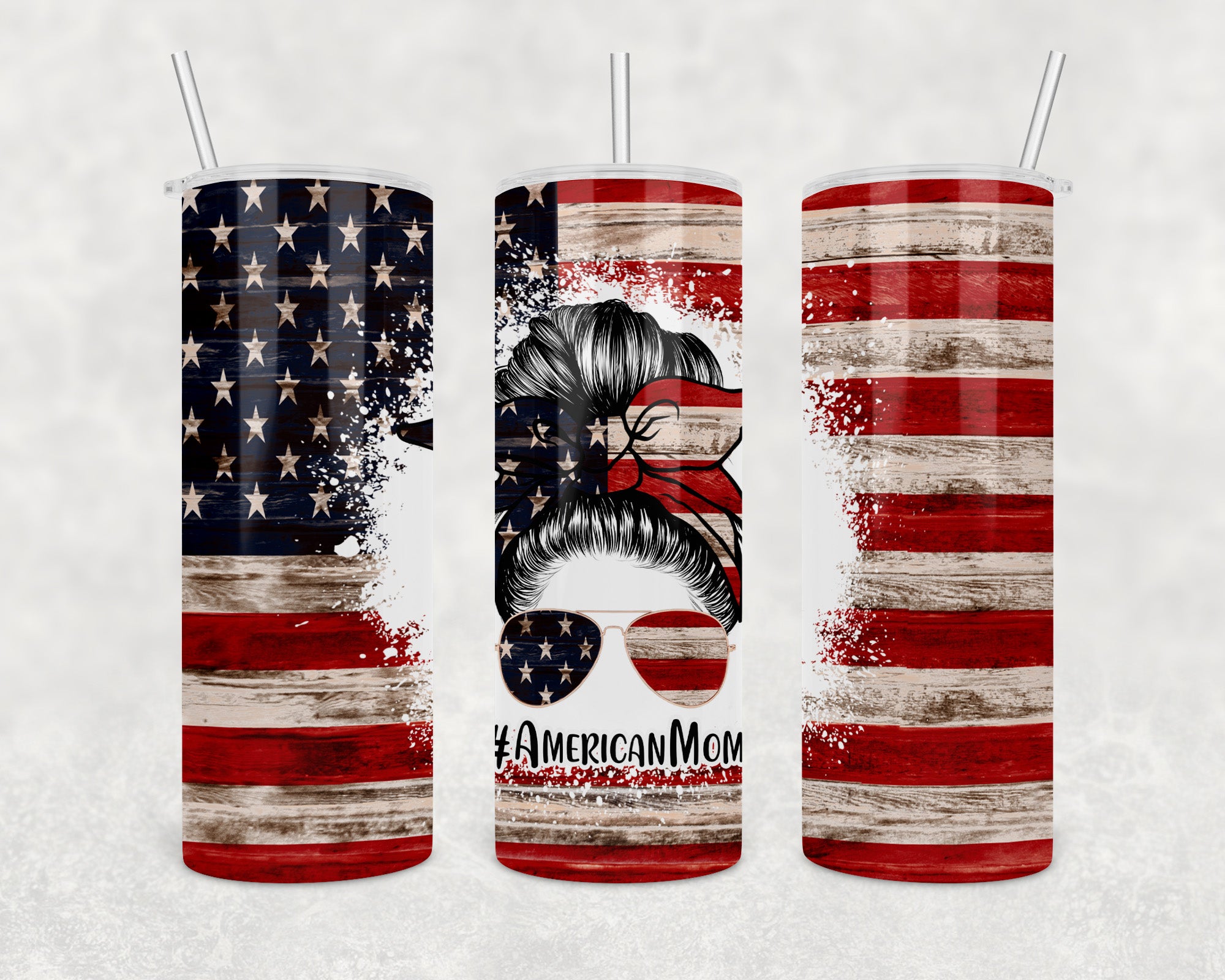 American Mom 20oz Skinny Tumbler in stainless steel with a powder-coated finish, clear lid, and stainless steel straw.