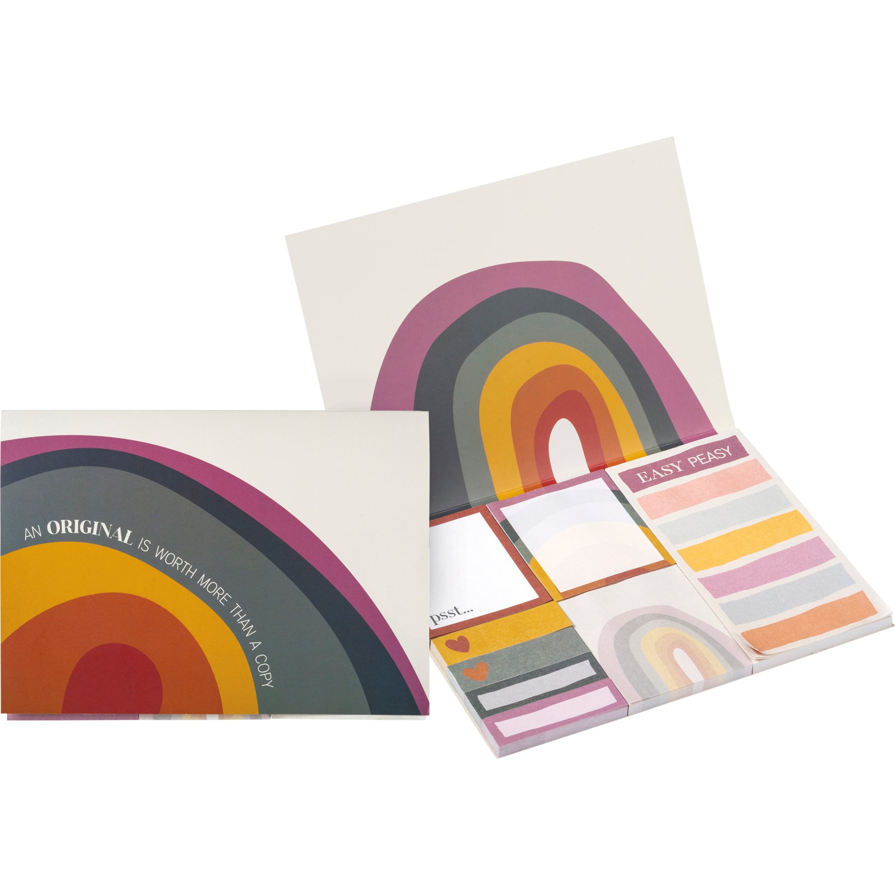 An Original Is Worth More Sticky Notes Folio featuring rainbow designs and motivational phrases, containing 480 sheets in various shapes and sizes.
