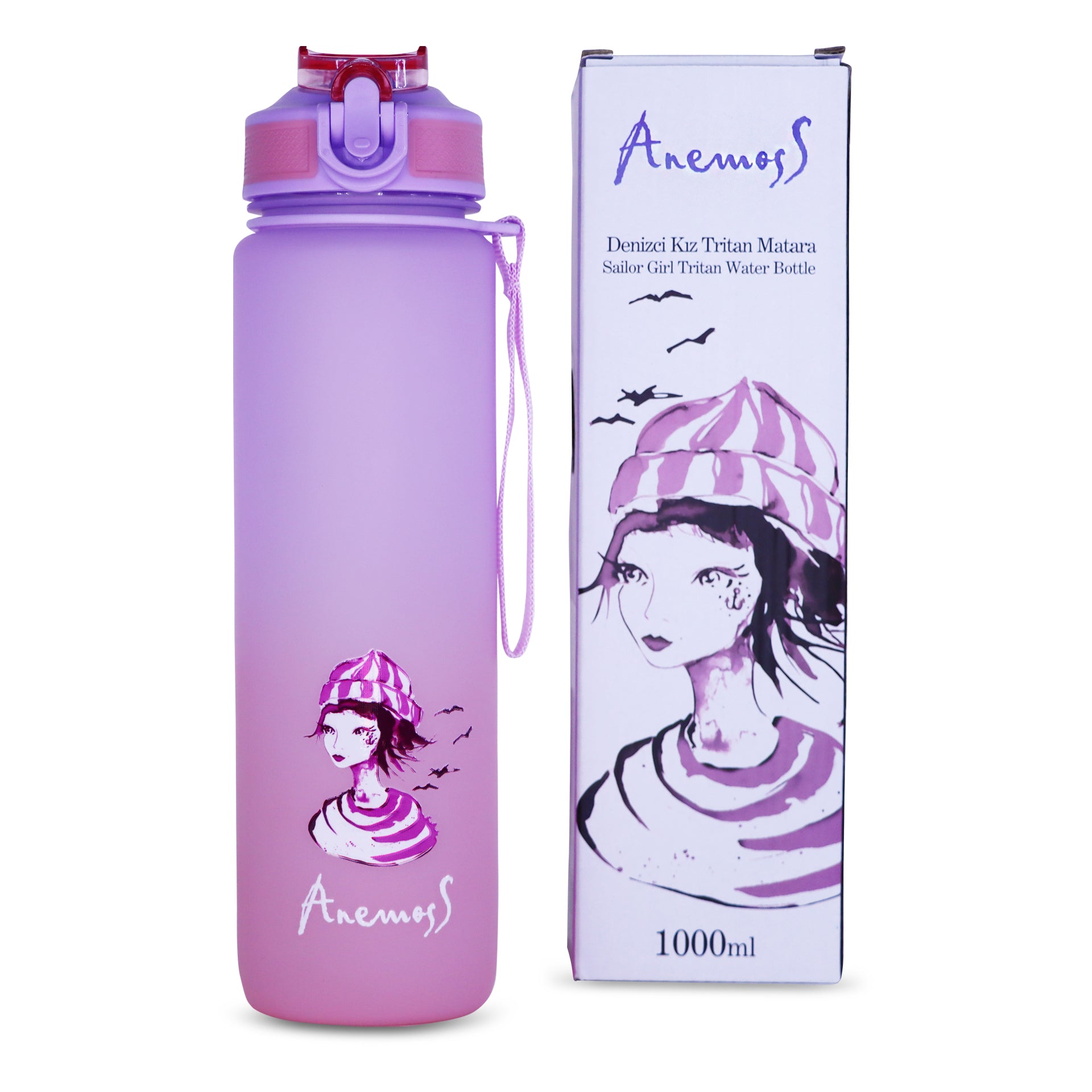 ANEMOSS Anker Muster Tritan Wasserflasche 1000 ml in Blau, BPA-frei, mit auffälligem Design und praktischem Trageriemen.