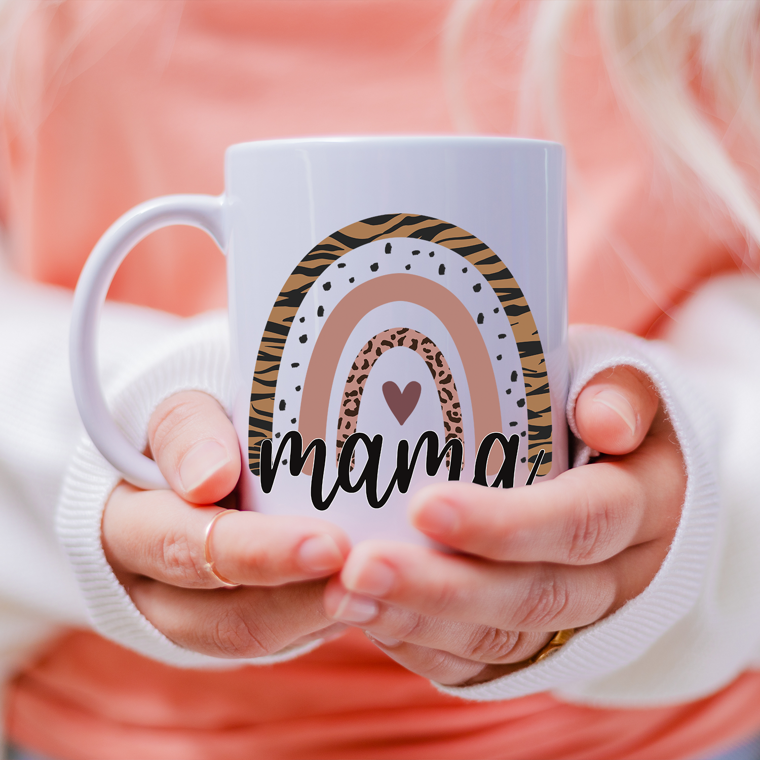 Animal Print Mama Rainbow 15oz Mug featuring a vibrant animal print design on a glossy white ceramic surface.