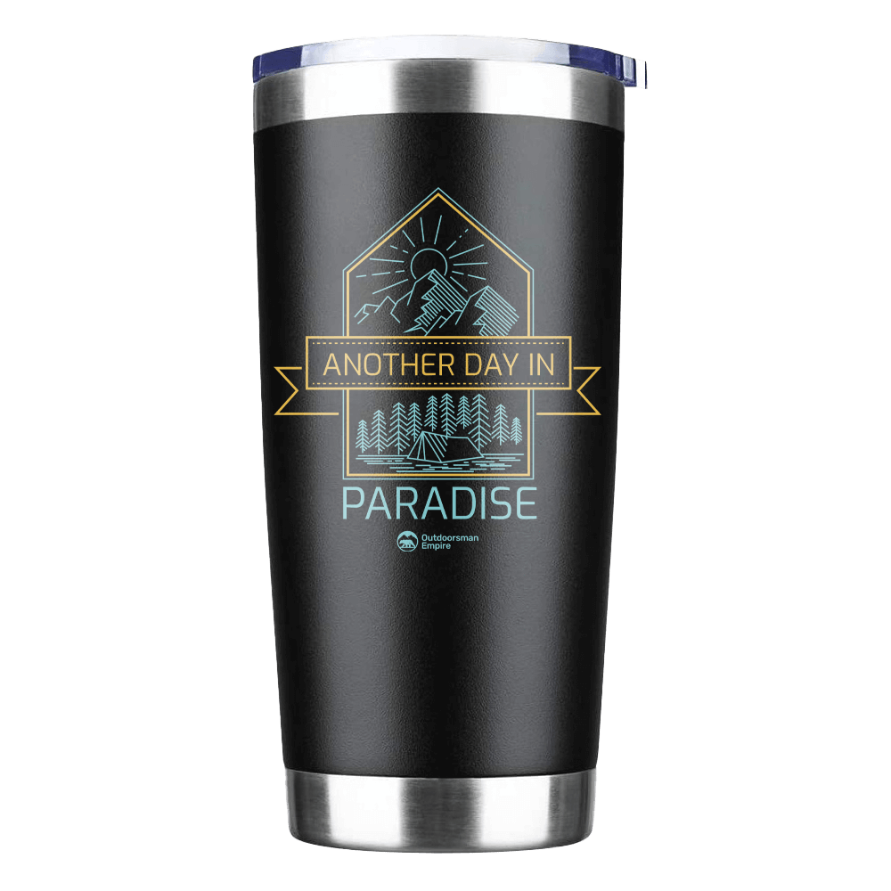 Another Day In Paradise 20oz Insulated Vacuum Sealed Tumbler with vibrant UV-printed design, showcasing its stainless steel construction and splash-proof lid.