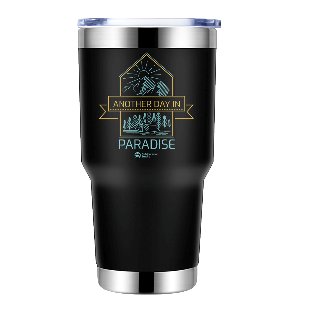 Another Day In Paradise 30oz Insulated Vacuum Sealed Tumbler with UV-printed design, showcasing its stainless steel construction and splash-proof lid.