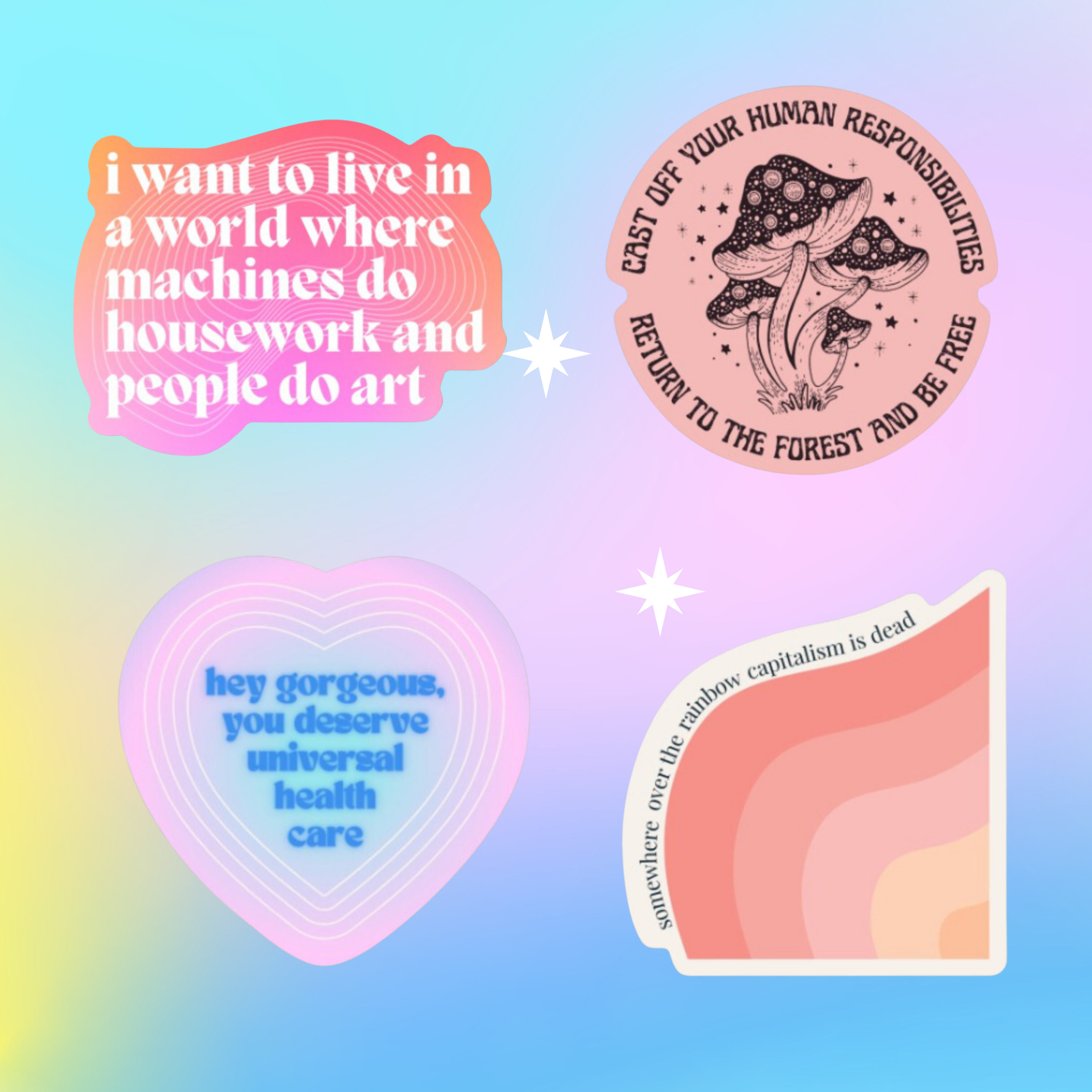 A collection of four anti-capitalism vinyl stickers featuring bold designs and messages, perfect for personalizing laptops and water bottles.