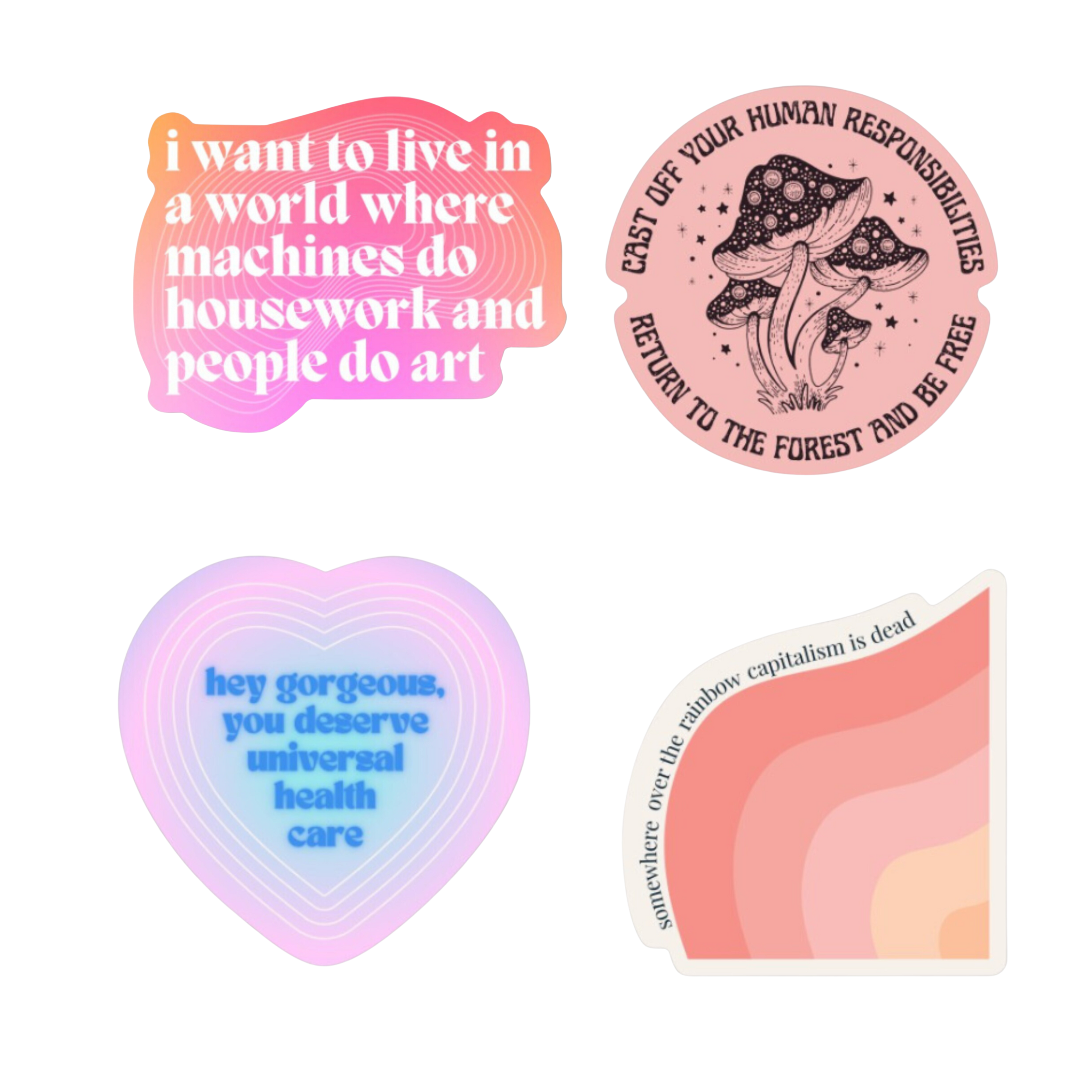 A collection of four anti-capitalism vinyl stickers featuring bold designs and messages, perfect for personalizing laptops and water bottles.