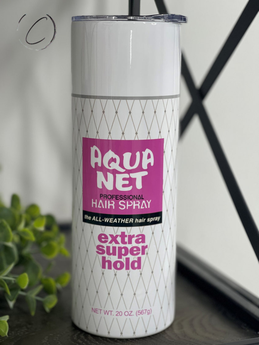 Aqua Net 20oz Skinny Tumbler with a vibrant full wrap design, featuring a reusable straw and insulated body.