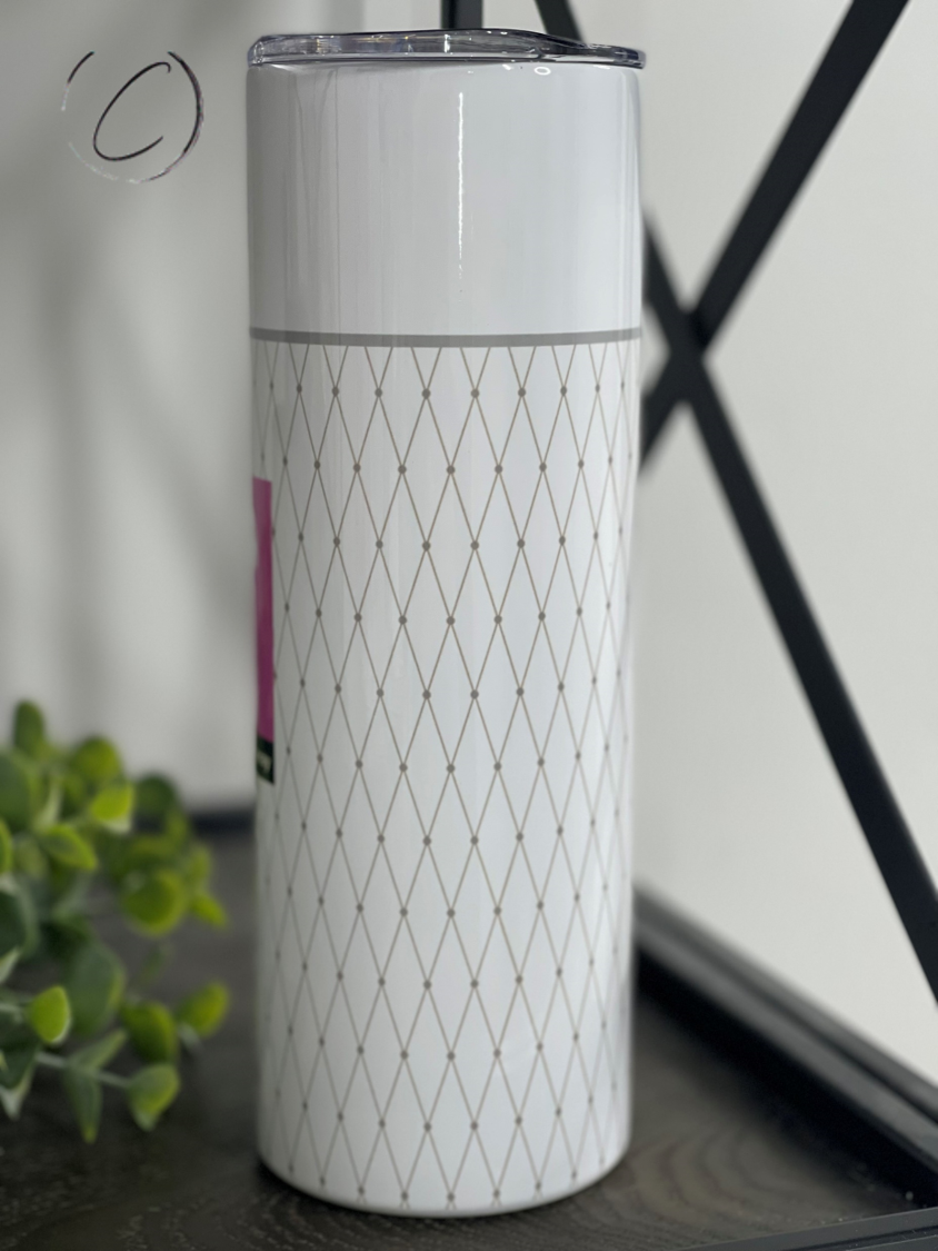 Aqua Net 20oz Skinny Tumbler with a vibrant full wrap design, featuring a reusable straw and insulated body.